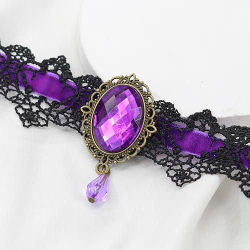 AILUOR Punk Rock Wedding Party Handmade Black Lace Choker, Gothic Retro Lolita Beads Chain Vampire Pendant Necklace for Women Halloween - color: Purple