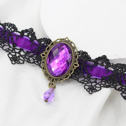 AILUOR Punk Rock Wedding Party Handmade Black Lace Choker, Gothic Retro Lolita Beads Chain Vampire Pendant Necklace for Women Halloween - color: Purple