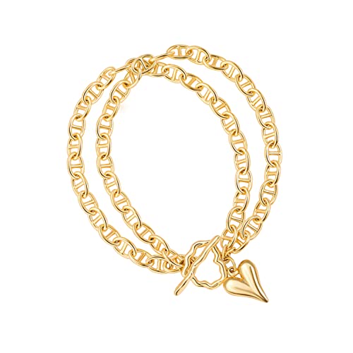 PEARLADA 18k Gold Plated Chain Layerd Bracelet Coin Charm Toggle Bracelet Trendy Cubic Zirconia Jewelry - color: 2. Double strand heart charm
