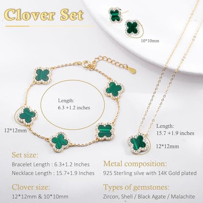 925 Sterling Silver Four Leaf Clover Bracelet – Real Silver Lucky Clover Jewelry for Women, Dainty Good Luck Gift for Her - color: Gold-Plated Malachite