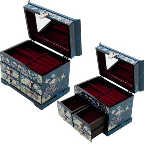 February Mountain Elegant Mother of Pearl Jewelry Box – Handcrafted Wooden Chest with Intricate Butterfly and Crane Designs, 4 Drawer Storage, and Red Velvet Interior – Ideal Gift for Women - style: Crane and Pine Tree - Blue