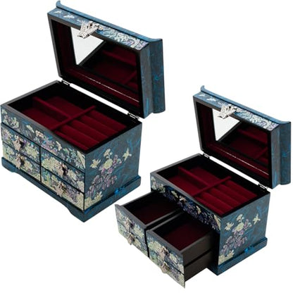 February Mountain Elegant Mother of Pearl Jewelry Box – Handcrafted Wooden Chest with Intricate Butterfly and Crane Designs, 4 Drawer Storage, and Red Velvet Interior – Ideal Gift for Women - style: Crane and Pine Tree - Blue