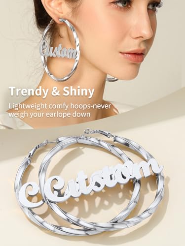 FindChic Twisted Hoop Earrings for Women, Silver/Black/14K Gold Plated Hypoallergenic Hollow Tube Rounded Loop Earrings, 30mm/40mm/60mm/80mm Hoops with Custom Name Options and Gift Box - color: e.Silver (Custom Name), size: 80MM