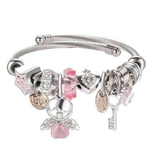 DS Charm Bracelets for girls,exquisite cute cartoon friendship bracelets Silver Stainless Steel Bangle with birthday Gift box, Adjustable girls jewelry Suitable for holiday gifts - style: Silver-pink Angel