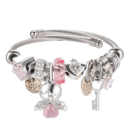 DS Charm Bracelets for girls,exquisite cute cartoon friendship bracelets Silver Stainless Steel Bangle with birthday Gift box, Adjustable girls jewelry Suitable for holiday gifts - style: Silver-pink Angel