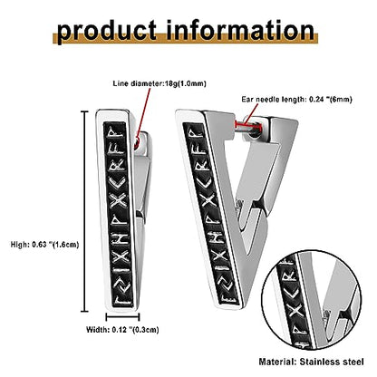 Aroncent 2-8Pcs Womens Mens Huggie Hoop Triangle Earrings Viking Runes Stainless Steel Ear Stud Novelty Black/Gold/Silver - color: E-Triangle Viking Earrings-2PCS