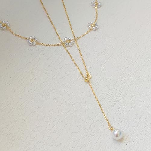 OGD Gold Pearl Necklace Set for Women 14K Plated Layered Daisy Choker Gift - color: 2PCS-Lariat Daisy Pearl-Gold