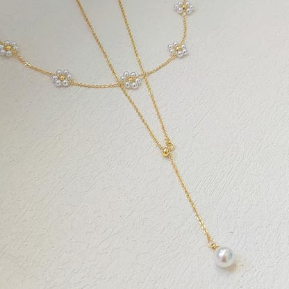 OGD Gold Pearl Necklace Set for Women 14K Plated Layered Daisy Choker Gift - color: 2PCS-Lariat Daisy Pearl-Gold