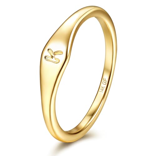 14K Gold Filled Ring Gold Initial Ring Dainty Gold Simple Letter Band Rings Signet Stackable Pinky Alphabet Thin Gold Thumb Rings for Women Non Tarnish Size 6 7 8 9 10 - style: K