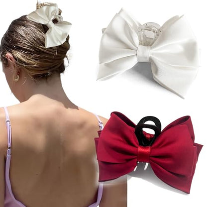 ISCRM Bow Hair Claw Clips for Women/Girls,Strong Hold Large Bow Claw Clip for Thick/Thin Hair Claws,Nonslip Silky Big Hair Bows Ribbons,Cute Hair Styling Accessories Gifts (red,white) - color: red,white