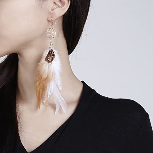 Bohemian Pheasant Peacock Long Feathers Statement Earrings Handmade Natural Lightweight Feather Dangle Earrings for Women (ea000071) - color: Dreamcatcher Brown