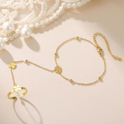 UNIFT Hand Chain Bracelets for Women Set Stainless Steel Adjustable Heart or Four-Leaf Clover Ring Chain Bracelet Trendy Dainty Jewelry Set Gifts - color: gold2