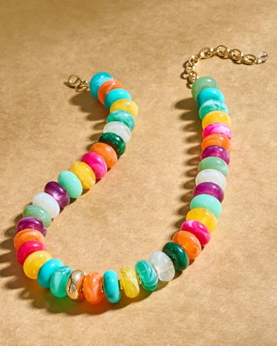 Chunky Beaded Necklace for Women Boho Statement Bead Necklace Adjustable Choker with Polished Disc/Square Beads Trendy Summer Beach Jewelry Gifts - color: Colorful