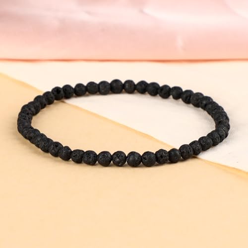 LPBeads Handmade Natural Gemstone Stretch Elastic Bracelet Healing Crystal Round Stone Beads Jewelry Gifts for Women Men - color: Black Lava, size: 4mm
