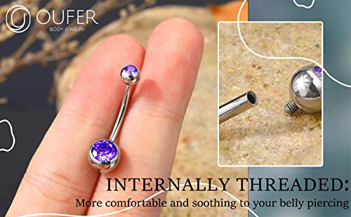 OUFER Titanium Belly Button Rings, Internally Threaded Belly Ring, Round CZ Navel Rings for Women Men - color: Purple, size: 1.6*14MM