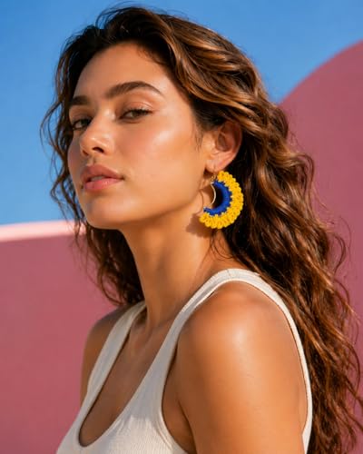 Handmade Crochet Sunrise Hoop Earrings with Soft Yellow Fringe, Lightweight Half-Circle Boho Statement Earrings, 925 Sterling Silver Hooks – KnitAra Sunlit Crescent