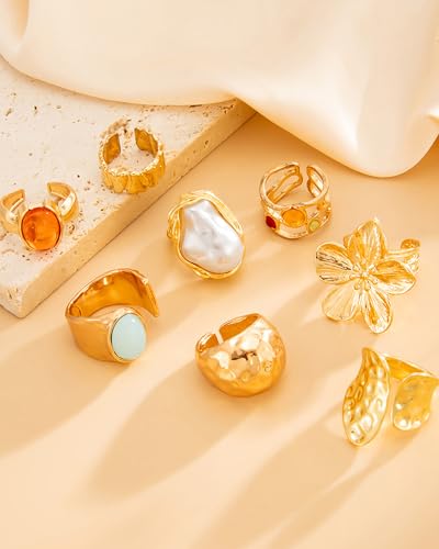 Chunky Gold Shell Starfish Ring Set for Women Trendy Gold Flower Scallop Seashell Starfish Gemstone Rings Adjustable Stacking Statement R-ings Non Tarnish Spring Summer Jewelry Accessories - color: B1:8 pcs