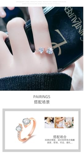 Sliver/Gold Plated Double Heart Eternity Ring Shiny Cubic Zirconia Crystal Engagement Wedding Band Promise Ring Open Adjustable Statement Rings for Women(Rose Gold) - color: rose gold