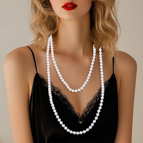 Long Pearl Necklaces for Women Faux Pearl Strand Necklace Statement Beaded Necklaces 1920s Gatsby Costume Jewelry - color: White