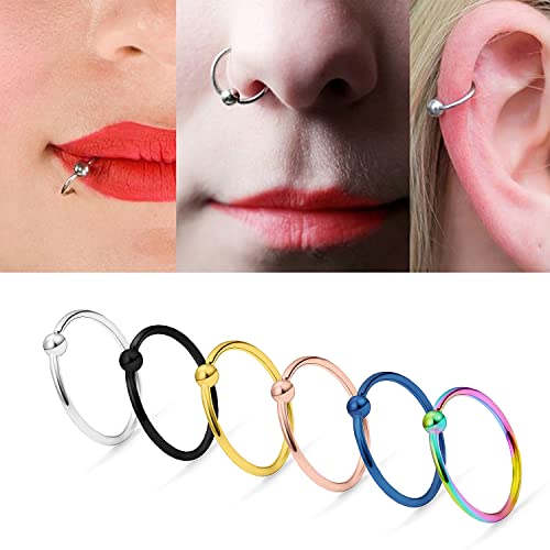 22G Thin Nose Rings Hoops 316L Surgical Steel Captive Bead Septum Nose Hoop Rings Eyebrow Lip Rings Cartilage Helix Rook Daith Earring Piercing Jewelry For Men Women 8mm - color: 6PCS-8MM-Mix Color #2
