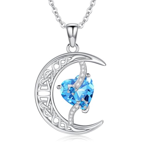 TOUPOP Moon and Star Birthstone Necklace for Women 925 Sterling Silver Celtic Moon Jewelry Birthday Mothers Day Gifts for Mom Wife Her - color: 03-March-Aquamarine