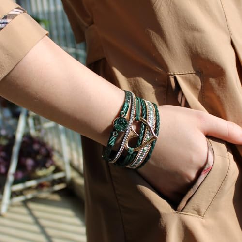 Womens Love Heart Leather Wrap Bracelet Multi-layer Stacked Bangle | Magnetic Clasp Soft PU Leather Resin Stone Rhinestone Boho Style Birthday Valentine Christmas Bohemian Jewelry Gift - color: Blackish Green