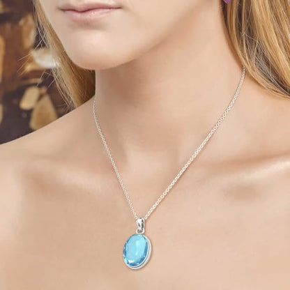 Chunky Natural Gemstone Pendant Necklace For Women Onyx, Turquoise, Amber, Garnet Oval Boho Genuine 925 Sterling Silver Handmade Jewelry - color: Blue Quartz