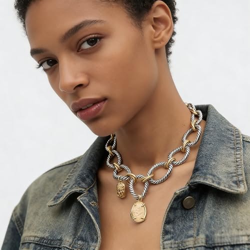 Doubnine Two-Tone Chain Link Necklace, Silver Rope and Gold Accents, Pendant Charm Choker