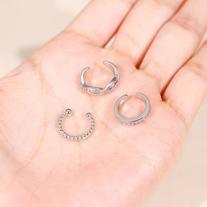 3Pcs 14K Gold Ear Cuff Earrings for Women Adjustable Non Piercing Ear Cuffs Sterling Silver Fake Earrings Clip on Cartilage Earring Ear Cuffs Jewelry - style: Style D-Silver