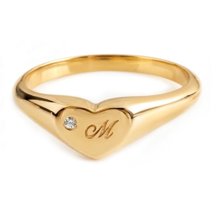 Women Heart-shaped ring in solid Gold 9k, 14k, & 18k, Heart Signet for pinky finger, Initial engraved chevalier ring, Unique love gift, RN310