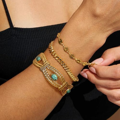 PERNNLA PEARL Dainty Gold Bar Bracelet for Women Simple Delicate Thin Cuff Bangle Hook Bracelet 18K Gold Plated Handmade Minimalist Jewelry - color: 9.3-Turquoise
