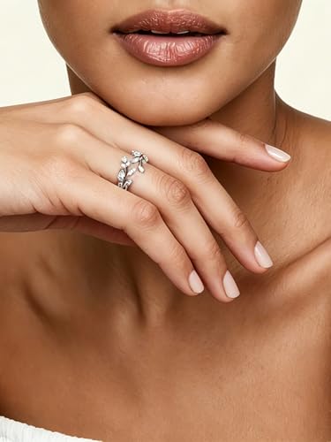 Silver Leaf Ring for Women 925 Sterling Silver Yellow Gold Plated CZ Inlaid Marquise Sapphire/Ruby/Emerald Cocktail Rings Size 6 to 10 - color: Cubic Zirconia - Silver