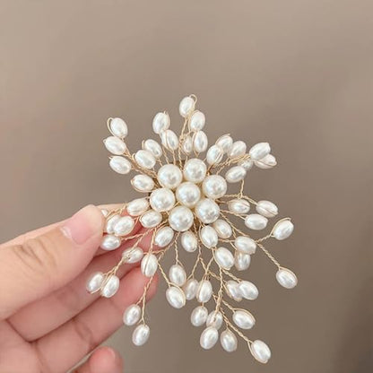 Dainty Large White Oval Pearl Flower Blooming Brooch Pin for Women, Statement Pearls Floral Brooches Pins Party Wedding Jewelry Gift Dress Accessories