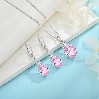 Birthstone Necklace for Women 925 Sterling Silver | Oval Cut Pendant Necklace, Jewelry for Mom Wife - color: Pink
