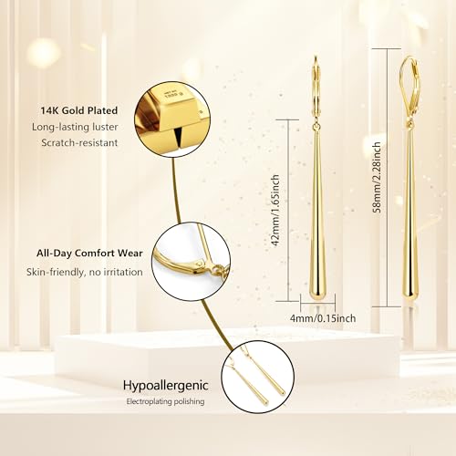 Hypoallergenic Silver Long Dangle Drop Earrings for Women Lady | Long Strip Bar Chain Waterdrop Dangle Leverback Earring Elegant Lightweight Dangling Drop Earings Trendy Jewelry Gifts in Box - color: GoldC