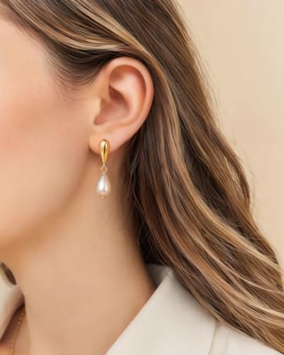 Trinckle Pearl Drop Earrings for Women Teardrop Bridal Earrings for Wedding | 14K Gold Pearl Teardrop Dangle Earrings Wedding Accessories for Brides,Lightweight Wedding Guest Prom Jewelry Gifts for Women
