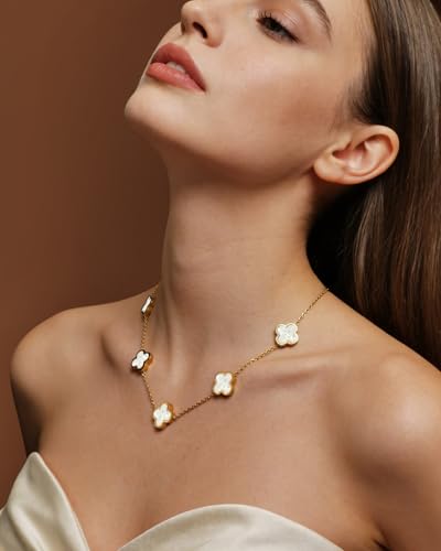 Four Leaf Clover Necklace 18K Gold Plated Necklaces for Women Lucky Flower Pendant Adjustable Link Chain Stainless Steel Dainty Trendy Simple Jewelry Gifts for Women - color: 5G-White