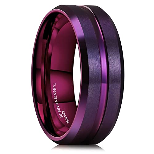 King Will Tungsten Carbide Wedding Band for Men Women-6/8/10mm Width Multicolor Available with Grooved Center Wedding Ring Suitable for Work, Gym Comfort Fit Size 4-16 - color: Purple-8mm