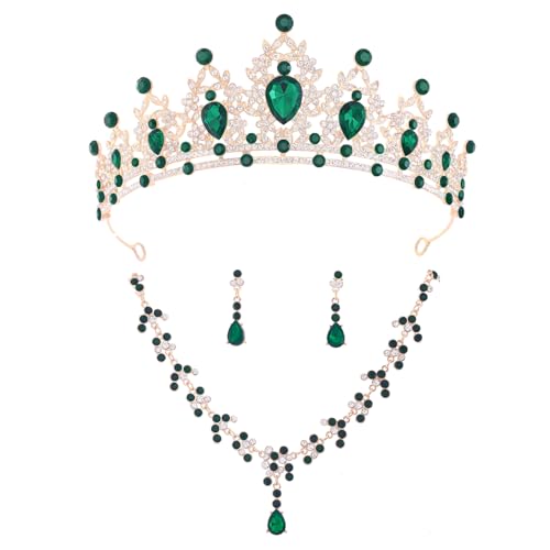 Crystal Crown and Tiara Jewelry Set for Women Bride with Necklace Earrings | Metal Rhinestone Royal Queen Princess Jewelry Set Wedding Quinceanera Pageant Prom Birthday Halloween Party Costume Gift - color: Green