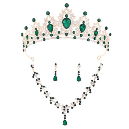 Crystal Crown and Tiara Jewelry Set for Women Bride with Necklace Earrings | Metal Rhinestone Royal Queen Princess Jewelry Set Wedding Quinceanera Pageant Prom Birthday Halloween Party Costume Gift - color: Green