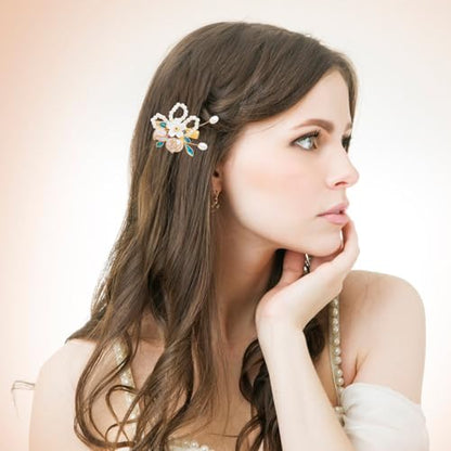 A Pair Wedding Hair Clips, Handmade Floral Design Crystal Hair Clips Pearl Barrettes, Rhinestones Flower Clips Pearl Headpieces Hair Pins Hair Accessories for Women Girls (White) - color: White