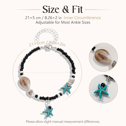 Fesciory Beaded Ankle Bracelets for Women, Boho Shell Anklet Set with Starfish Conch Seashell, Adjustable Hawaiian Summer Beach Foot Jewelry Fashion Gift - style: Starfish(Blue)