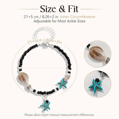 Fesciory Beaded Ankle Bracelets for Women, Boho Shell Anklet Set with Starfish Conch Seashell, Adjustable Hawaiian Summer Beach Foot Jewelry Fashion Gift - style: Starfish(Blue)