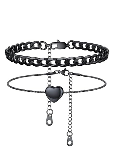 U7 2Pcs/3Pcs Ankle Bracelets for Women, Stainless Steel Cuban Link/Figaro/Rope/Heart Chain Anklets Sets,Waterproof Layered Anklets Adjustable 8.5"-10.5" - color: 02. 2Pcs Style B-Black
