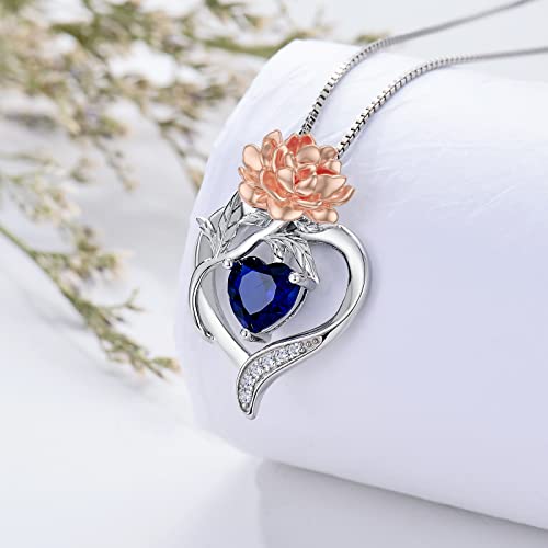 TOUPOP Birth Flower Necklace 925 Sterling Silver Heart Birthstone Pendant Necklaces Birth Month Floral Jewelry Birthday Valentines Day Mothers Day Gifts for Women Wife Mom - style: 9-September-Peony