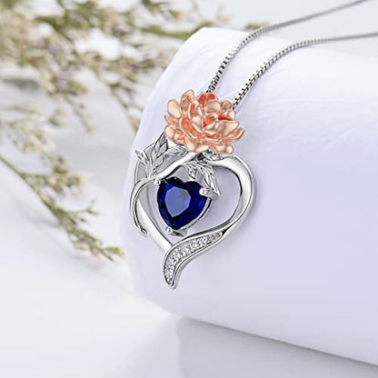 TOUPOP Birth Flower Necklace 925 Sterling Silver Heart Birthstone Pendant Necklaces Birth Month Floral Jewelry Birthday Valentines Day Mothers Day Gifts for Women Wife Mom - style: 9-September-Peony