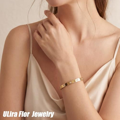 3 Pack Classic Gold Bangle Bracelet Set for Women Stackable Jewelry | 18K Gold Plated AAA Cubic Zirconia Unique Design Fits Most Wrists Simple Styling Long Lasting Luster Waterproof Non Tarnish - color: 2 Pack-Gemstone & Love