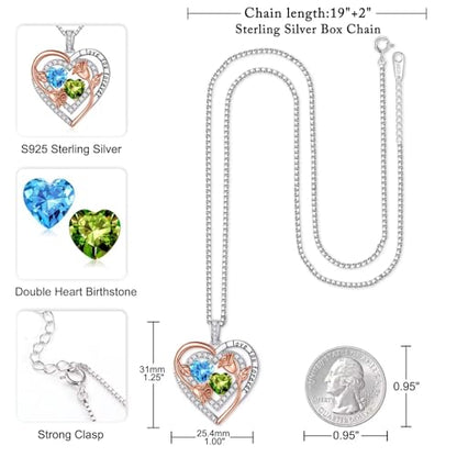 Iefil Heart Birthstone Necklace for Women - Double Birthstone Jewelry | 925 Sterling Silver, Gift Box Packaging, Anniversary Birthday Gifts for Women Wife Mom - color: 03-08-Mar-Aug Birthstone
