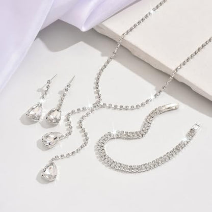 MIFYNN Rhinestone Wedding Set for Women Sparkle Crystal Earrings Necklace Bracelet Jewelry Set Wedding Party Prom Jewelry Set for Brides Bridesmaid - color: Silver3