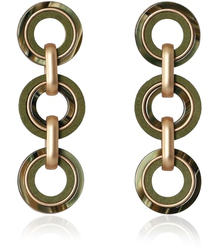 Ozel - Natural Wooden Acrylic Boho Drop Dangle Earrings for Women - Geometric Statement Jewellery - Brown, Black, Magent Red, Olive Green, White beige - color: 3Circle_Olive